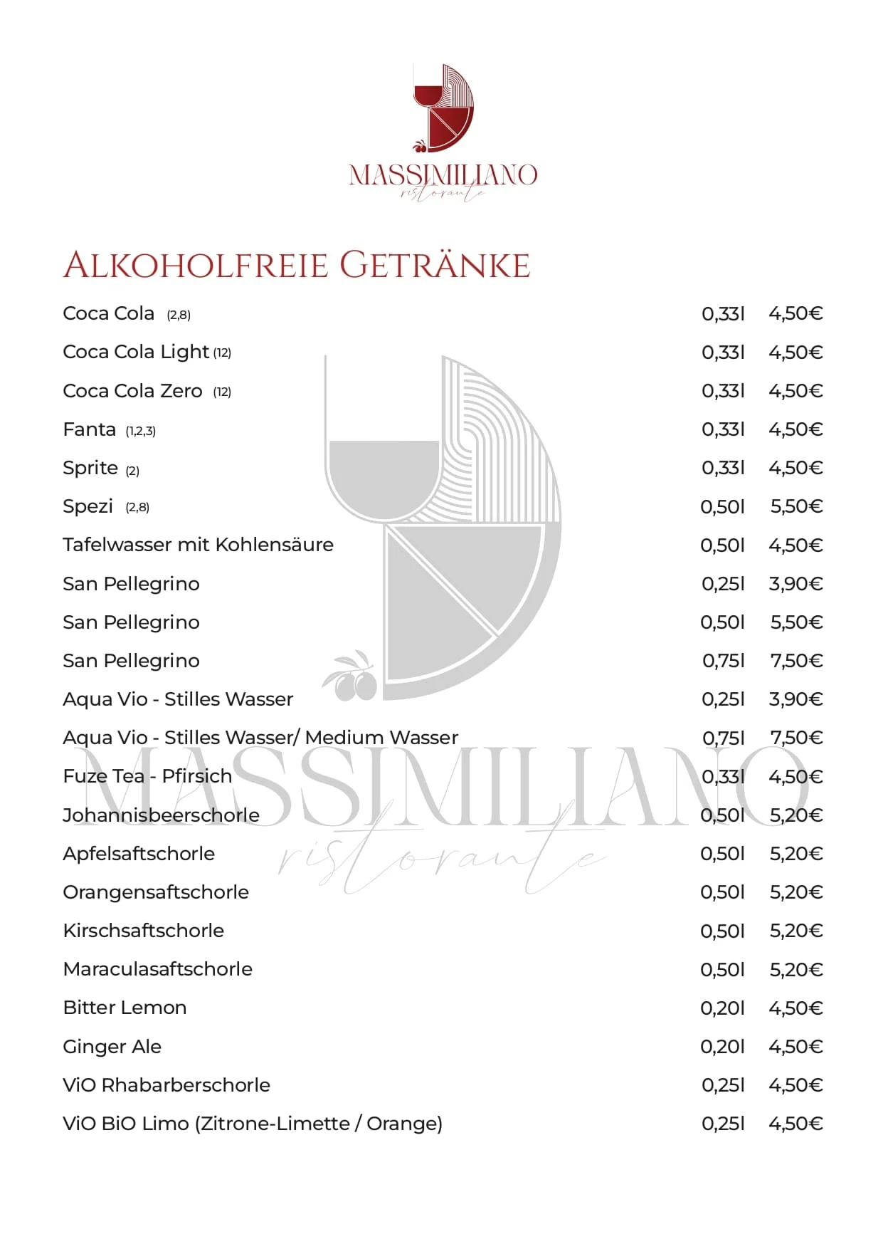 Alkoholfreie Getränkekarte im Ristorante Massimiliano