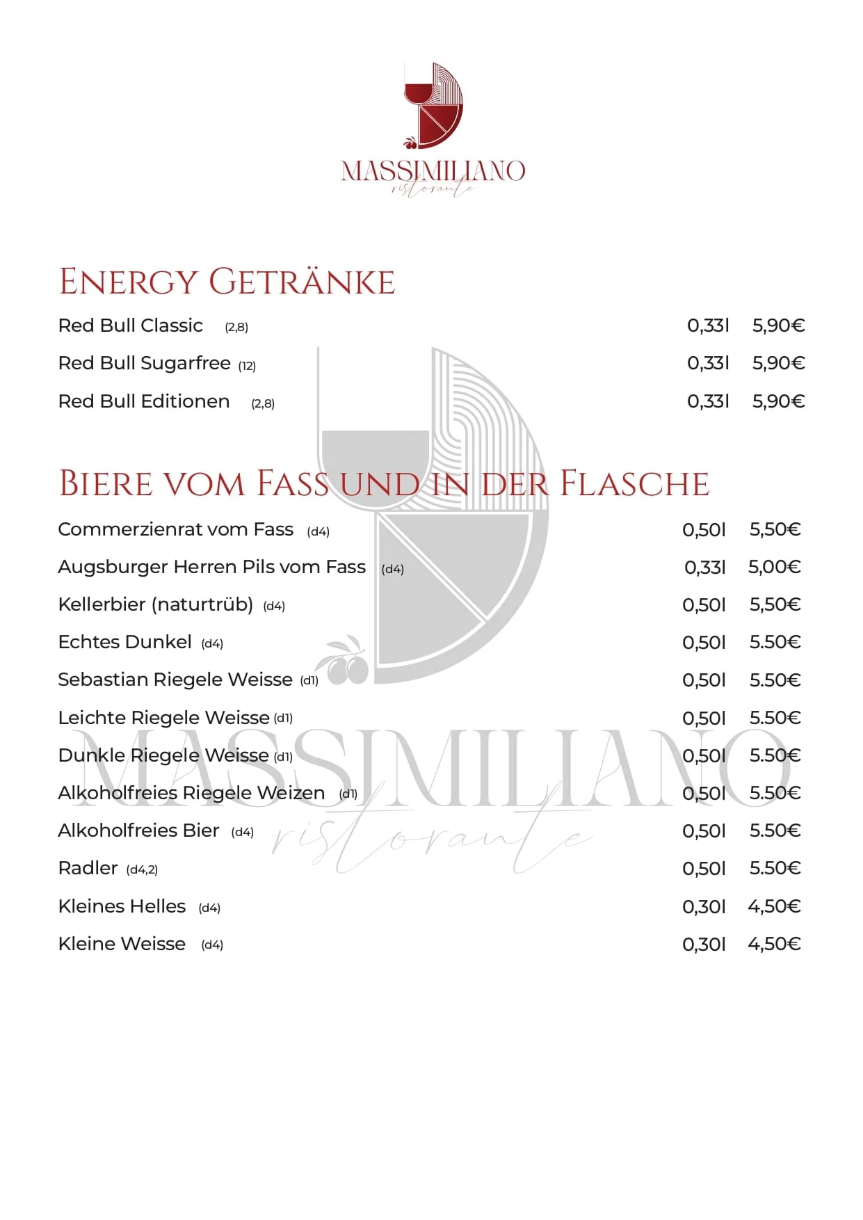 Energy-Drink-Karte im Ristorante Massimiliano
