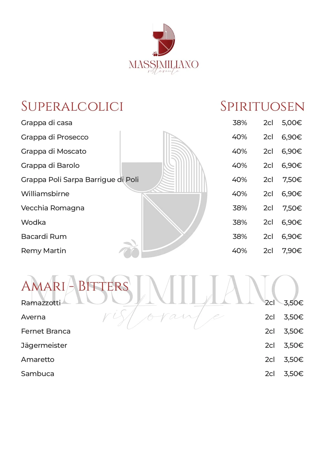 Spirituosen- und Likörkarte im Ristorante Massimiliano